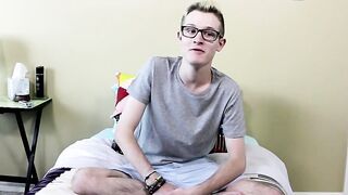 Casting twink jerks his enormous cock while spreading and rubbing his ass