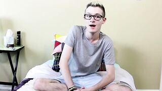 Casting twink jerks his enormous cock while spreading and rubbing his ass