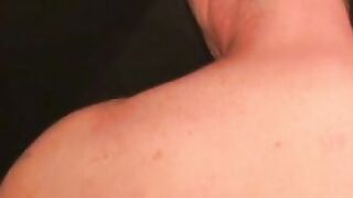 Older gay dude strokes his cock and covers himself with cum
