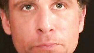 Older gay dude strokes his cock and covers himself with cum