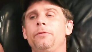 Older gay dude strokes his cock and covers himself with cum