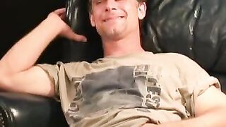 Older gay dude strokes his cock and covers himself with cum