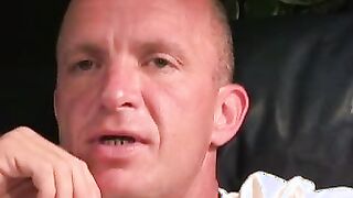Mature gay dude jerks off and shoots his load on the plate