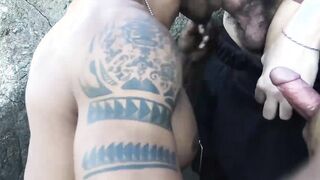 Ebony straight guy banged outdoor in threesome by Latin gays