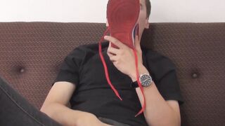 Handsome foot fetish jock licking his feet and stroking cock