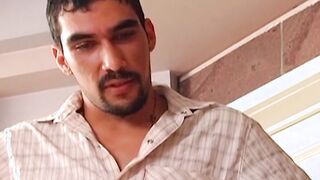 Bearded Latino masturbates while he is bare penetrated doggy