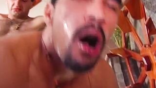Bearded Latino masturbates while he is bare penetrated doggy
