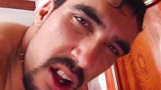 Bearded Latino masturbates while he is bare penetrated doggy