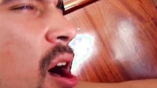 Bearded Latino masturbates while he is bare penetrated doggy