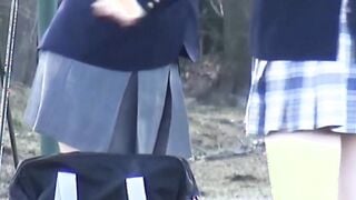 Japanese chicks in school uniform pee on the bench outside