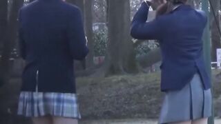 Japanese chicks in school uniform pee on the bench outside