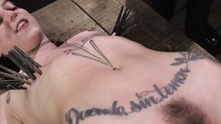Redhead bound in a bridge position whipped
