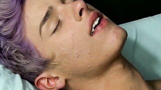Cute twink whines for us and plays with his big fat dong