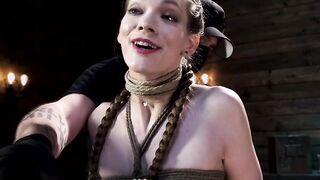Slave in bondage gets ass and pussy whipped