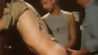 Retro gay video of hunky men bareback breeding in threesome