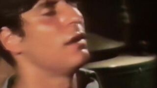 Retro gay video of hunky men bareback breeding in threesome