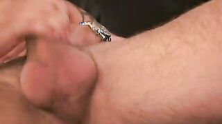 Tattooed amateur gay strokes his juicy cock and comes