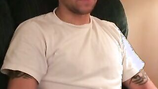 Tattooed amateur gay strokes his juicy cock and comes