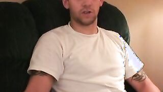 Tattooed amateur gay strokes his juicy cock and comes
