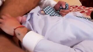 Studs in provocative suits screw hard after strong foreplay