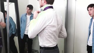 Stepdad with glasses makes his stepson bend over for him