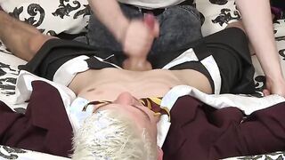 Platinum blond twink tied up for a wet jerk off