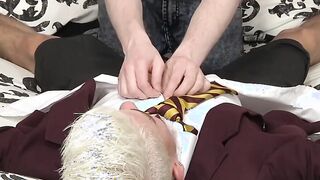 Platinum blond twink tied up for a wet jerk off