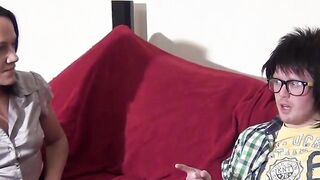 Lusty mature is tricked into showing her cock sucking skills