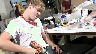 Oriental twink and young gay exchange blowjob in basement