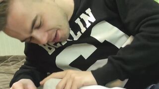Young cutie licks toes of his lover and rides his big dick