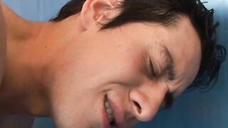 Latin twink sprays spunk while fucked with bare dick