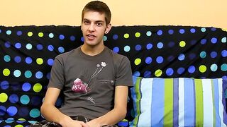 Youthful thin gay man messing around with his pounding penis