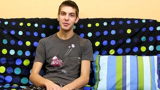 Youthful thin gay man messing around with his pounding penis