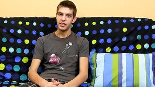 Youthful thin gay man messing around with his pounding penis