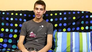 Youthful thin gay man messing around with his pounding penis