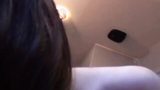 Japanese amateur riding big cock and pissing in bathroom