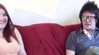 Foxy English redhead tricked into stripping and a blowjob