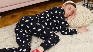 Teen struggles to control his black dildo while jerking off violently