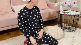 Teen struggles to control his black dildo while jerking off violently