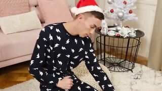 Teen struggles to control his black dildo while jerking off violently