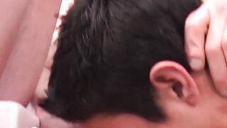 Bottom twink gay sucks his buddies cock and receives facial
