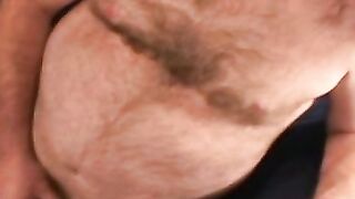 Bearded mature bear plays with his fat shaft and shoots cum