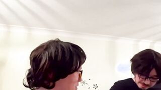 Black babe from the UK fooled into giving two nerds blowjobs