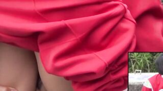 Short haired Japanese babe in tracksuit pees in the street