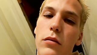 Blond straight jock jacks off his big cock and cum blasts