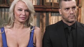 Married blonde with head in cage gets fucked