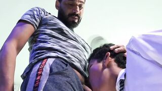 Handsome schoolboy riding stepdads big bare cock