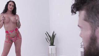 Busty trans in lingerie gets ass fucked by tattooed man