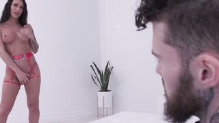 Busty trans in lingerie gets ass fucked by tattooed man