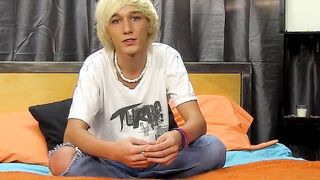 Youthful gay Ryan Morrison yanking off large dick cumshot